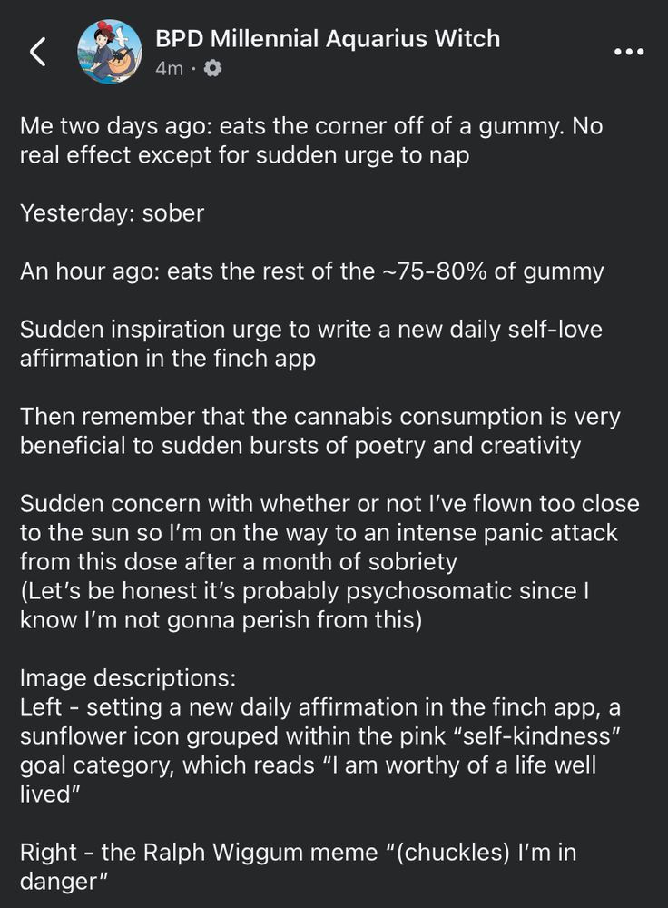 Me two days ago: eats the corner off of a gummy. No real effect except for sudden urge to nap

Yesterday: sober

An hour ago: eats the rest of the ~75-80% of gummy

Sudden inspiration urge to write a new daily self-love affirmation in the finch app

Then remember that the cannabis consumption is very beneficial to sudden bursts of poetry and creativity

Sudden concern with whether or not I’ve flown too close to the sun so I’m on the way to an intense panic attack from this dose after a month of sobriety
(Let’s be honest it’s probably psychosomatic since I know I’m not gonna perish from this)

Image descriptions:
Left - setting a new daily affirmation in the finch app, a sunflower icon grouped within the pink “self-kindness” goal category, which reads “I am worthy of a life well lived”

Right - the Ralph Wiggum meme “(chuckles) I’m in danger”