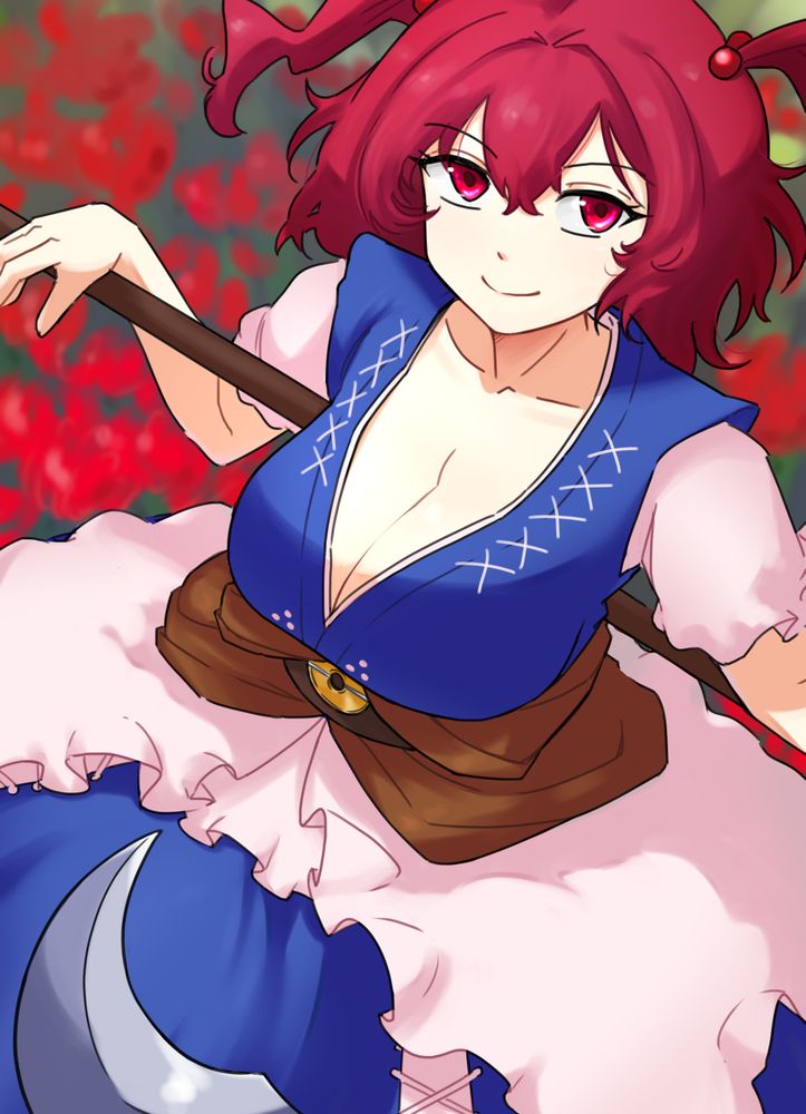 Komachi Onozuka, from Touhou 9 : Phantasmagoria of Flower View.
She is resting her arms on her scythe, and is looking at the camera. 