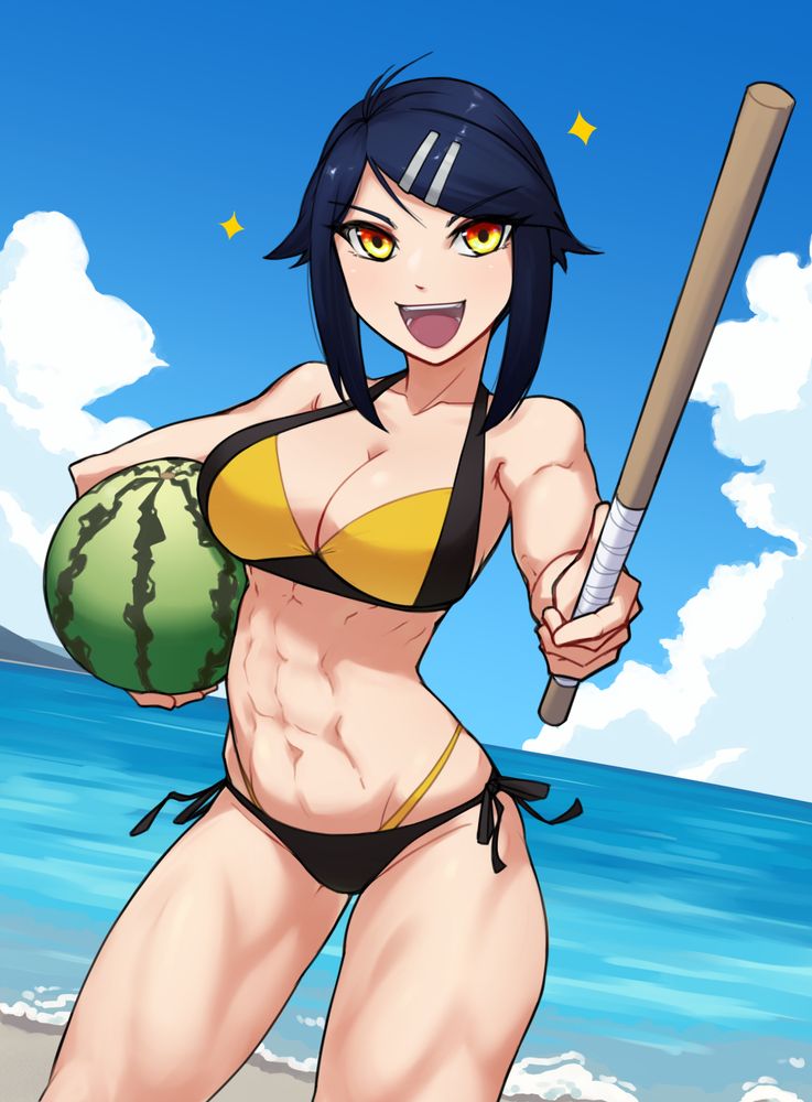 My original character Lian, she's wearing a black and yellow two piece swimsuit. She is holding a watermelon under her arm, and a stick in her other arm, holding it towards the viewer with an excited expression.