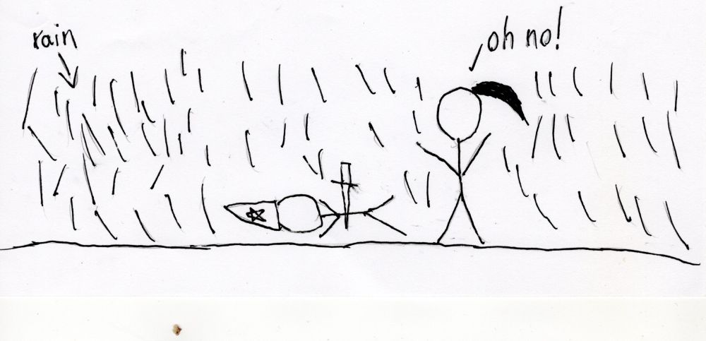 A crude stick figure rendition of a woman standing next to a prone man in a wizard's hat with a blade of some kind sticking through his stickbody. She is saying "Oh no!" There are lines in the air all around them, helpfully labeled as "rain".