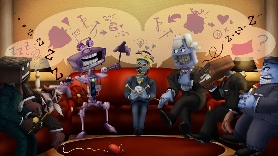 The C.O.G.S. Inc. Knitting Club mingles in the parlor of Dave Brubot's Theater. Above them is a continuous speech bubble connected to multiple members of the group. The speech bubble displays images representing their conversation topics, including knitting needles, the Featherbedder, Mouthpiece, and Case Manager's stickers in silhouette, and various hearts, question marks, and exclamation points. The Cogs all chat while performing various activities. From left to right: The C.O.O. knits, passively talking with the Mouthpiece. The Featherbedder sleeps on the couch, dropping a pin cushion to the floor. The D.O.P.A. pokes at the Featherbedder's head feathers while talking with the Stenographer. The Mouthpiece, knitting, enthusiastically smiles at the C.O.O.'s idea. The Stenographer talks with the D.O.P.A., adjusting her tie. The Case Manager is actively fighting to stay awake, but is dozing off. Judy, the C.L.O.'s Needlenose Secretary, knits, looking at the Case Manager with concern.