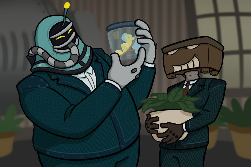 The Deep Diver and COO are together in an office. The Deep Diver is smiling while looking into a jar, which contains an inchworm. The COO looks at the Deep Diver and smiles as he holds his plant Bubby - a green fern in a tan ceramic pot - in his arms.
