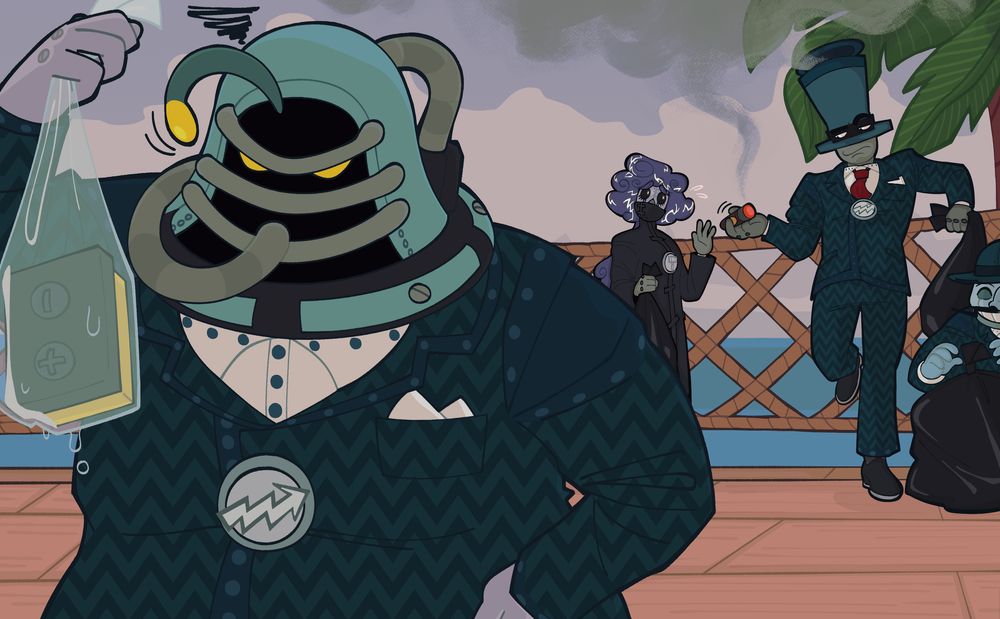 Deep Diver holds a car battery in a soaking wet bag, looking visibly frustrated. In the background, a Head Honcho offers Rainmaker a lit cigar. Smoke is coming out of the lit cigar. Rainmaker has her hand raised, denying the offer. A Bagholder is off-screen to the right, tying a black garbage bag. Rainmaker and the Head Honcho are also holding black garbage bags. The four of them are somewhere in Barnacle Boatyard, with a wooden floor, rope fence, and cloudy skies.