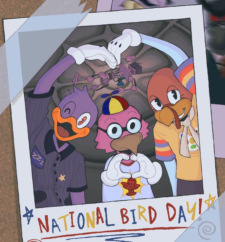 Three Toons, a duck, kiwi, and turkey, appear in a photograph labeled, "National Bird Day!" The duck and turkey raise their arms to form a heart shape around the kiwi, while the kiwi makes a heart with their hands. All 3 smile at the camera. In the background is the Ye Olde Toontown dungeon, with the Public Relations Representative lying unconscious on the floor. The photograph is taped to a corkboard on top of a blurry photo of a Legal Eagle and Magnate.