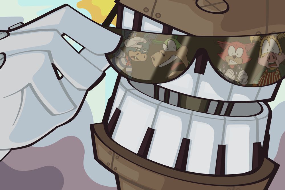 The Major Player's hand and the lower half of his face take up the majority of the image. The Major Player smiles as he lowers his sunglasses, with the part of his head above his nose remaining unseen. In the reflection of his glasses are 4 Toons (a bat, horse, cat, and pig), who all look at the Major Player with varying degrees of fear and shock.