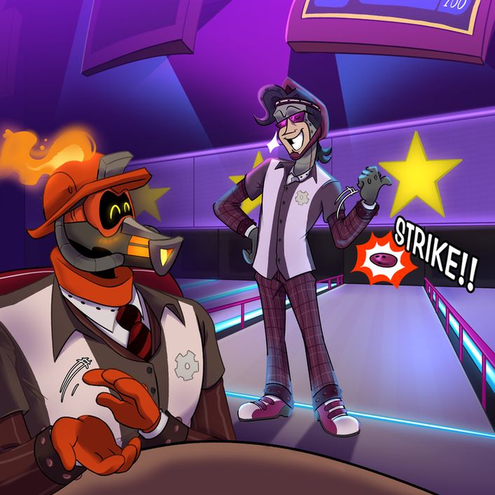 Zooming outwards, the scene is a neon bowling alley, similar in palette to the Pacesetter’s apartment. At the end of the lane the bowling ball SLAMS into the Cat with the sfx "STRIKE" around her. The Pacesetter and Firestarter, wearing matching bowling uniforms, are playing together. The Firestarter claps as the Pacesetter gloats, despite using bumpers to do achieve the strike.