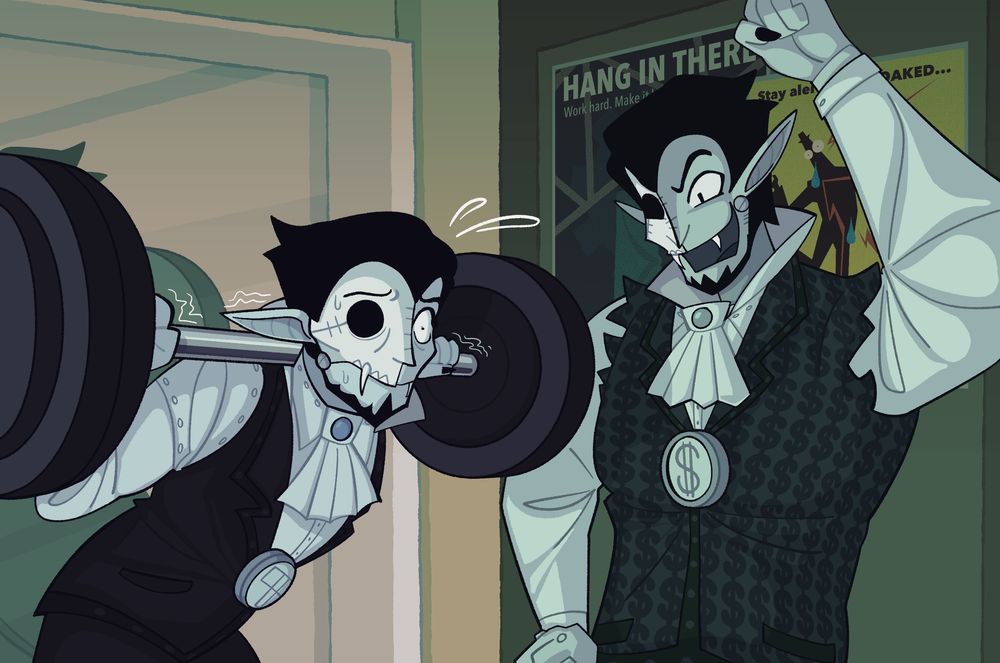 Count Erclaim and Count Erfit stand together in a gym-like setting. There is a mirror behind Erclaim on the left, and there are motivational posters behind Erfit on the right. One of the promotional posters has the words "HANG IN THERE" in all capitals on the top of it. Erclaim is on the left of the image, struggling to lift heavy weights. Erfit is on the right of the image, cheering his cousin, Erclaim, on.
