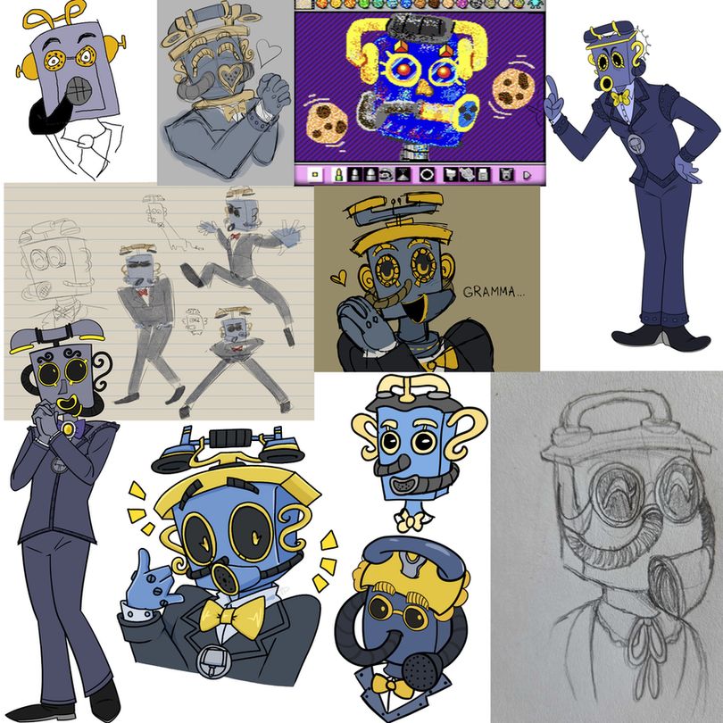 A collage of 11 different drawings of Mouthpiece with varying degrees of accuracy to the actual appearance of Mouthpiece