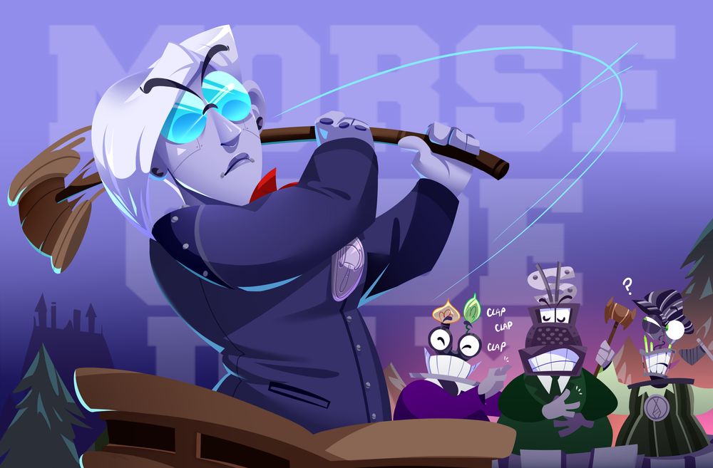 The four department heads are golfing together at Bossbot HQ. In the foreground, the CLO swings an elongated gavel like a golf club. She has a look of focus on her face. In the background, the Senior VP and CFO clap for her while the CEO looks at a gavel in confusion. The Senior VP is smiling while the CFO has a more neutral expression. In the background, there is large text that reads, "Morse Code Day."