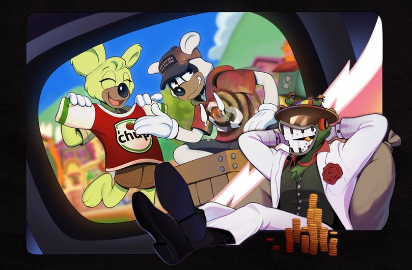 Background: TV Screen with Reid Stock and Lynn Decisive in Toontown Central, with Reid Stock showing off a 'Chup T-Shirt.
Foreground: High Roller sitting comfortably on a bag of money, his hands crossed behind his head. In front of him there's stacks of coins.