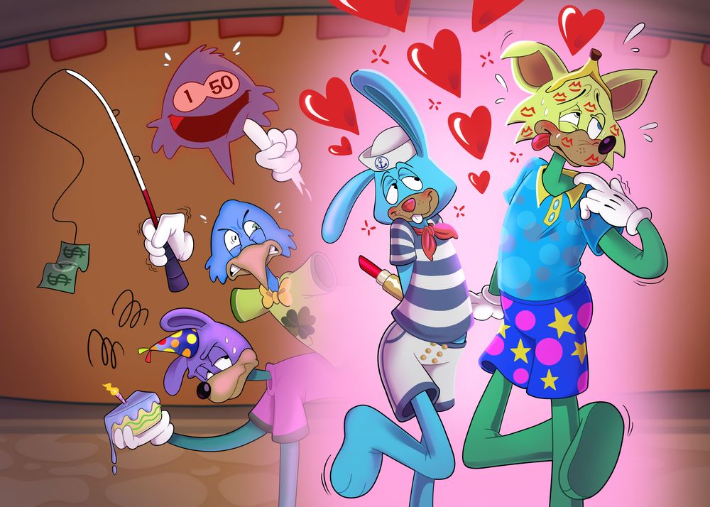 Four Toons, in the middle of a battle, stand on a Toontown Central street. A rabbit and fox are openly affectionate, surrounded by hearts and a radiating pink aura. The rabbit holds lipstick behind their back while the fox, covered in kiss marks, tugs at their collar.  The other two Toons are exhausted with their antics, with a dog looking bemused holding a cake, as a kiwi angrily waves a Lure gag and points to their Laff meter with one point remaining.
