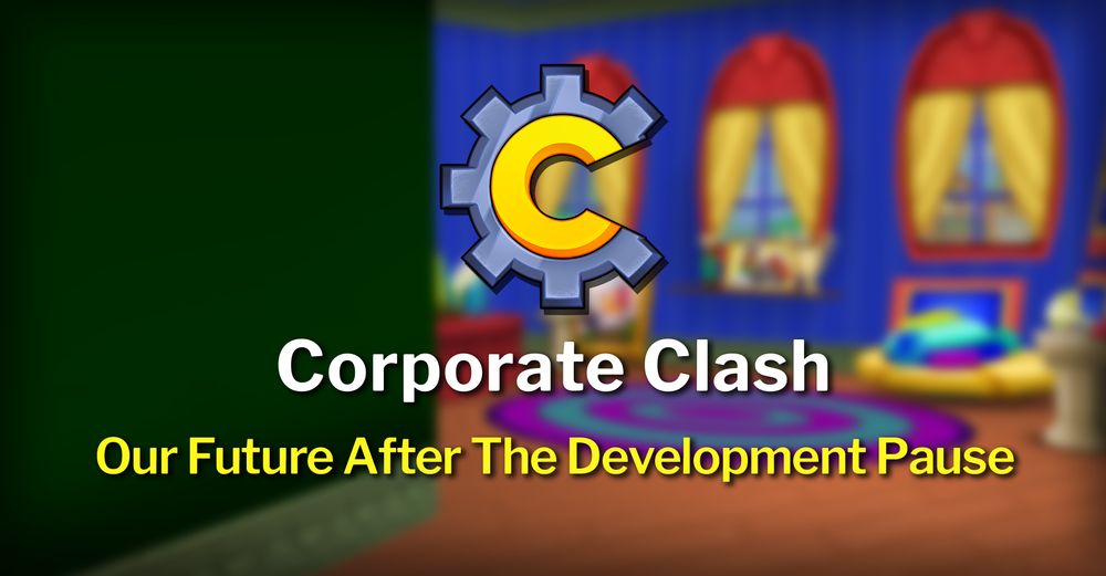 The Clash Logo and the text, "Corporate Clash: Our Future After The Development Pause" are pictured over a blurred image of Flippy's office.