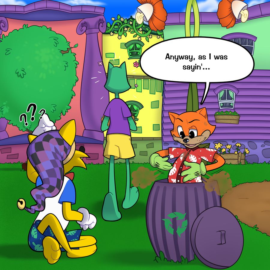 Bert walks away, dirt in hand and clearly still happy. The fox stares after him, scratching their head in confusion. Travis looks down and brushes off his clothes, continuing his story with, "Anyway, as I was sayin'..."