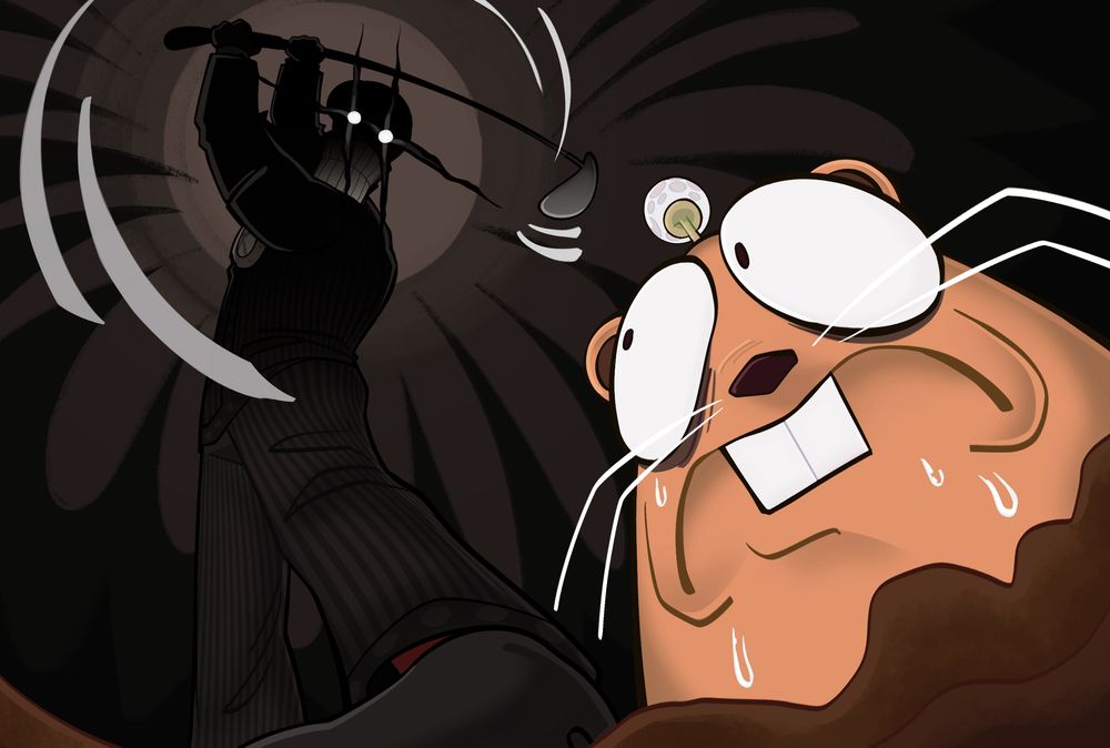 A friendly mole is emerging from the ground in a Cog Golf Course. Above him looms a Club President, who is cloaked in shadow as he winds up his golf club. The mole looks up at him in fear.