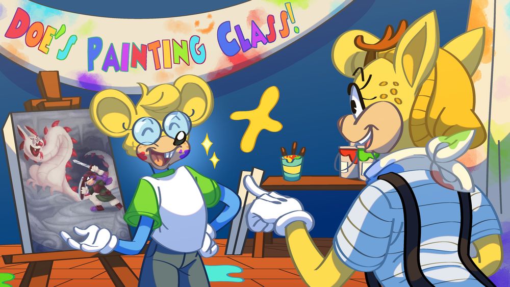 Doe Vinci and Winn Dos are together inside Toon Hall. The background has a table with paint brushes, paint buckets, and two large canvases. In the top left is a banner reading, "Doe's Painting Class!" Winn is smiling as she gestures to her painting, which depicts Mac Opsys fighting a Doodragon. Doe points at the painting with a look of surprise and glee.