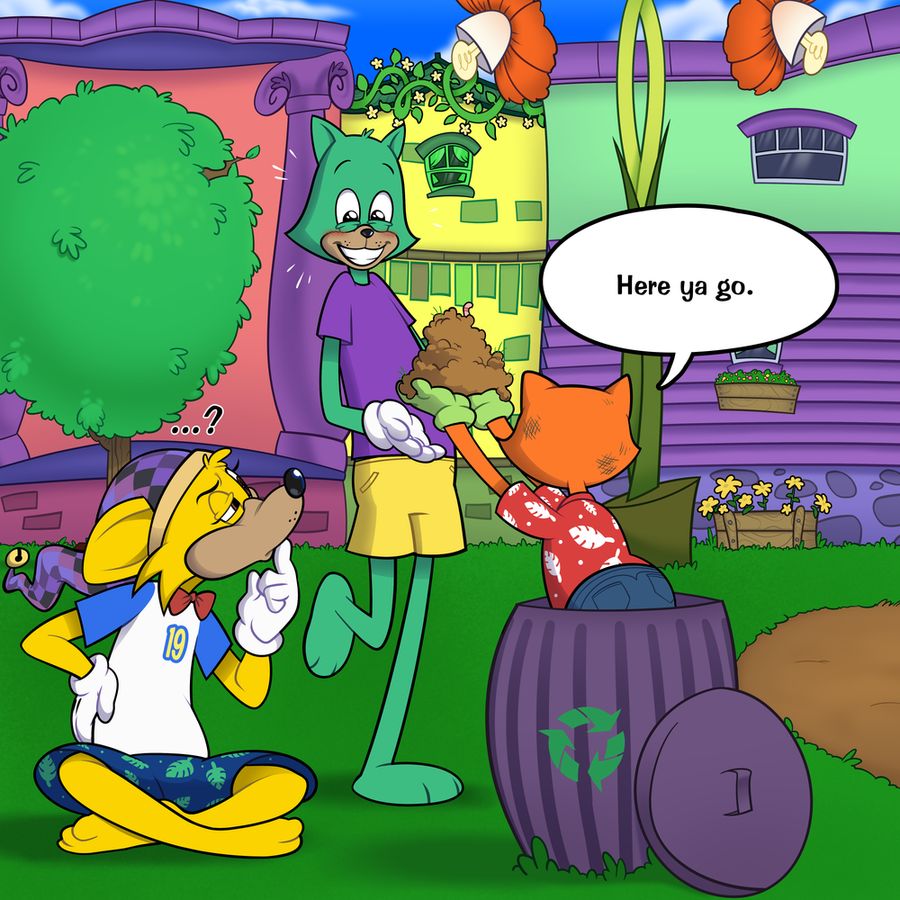 Travis says, "Here you go." as he hands a pile of dirt to Bert. Bert is elated, kicking his leg up as he is handed the dirt. The fox Toon looks at the two of them, confused.