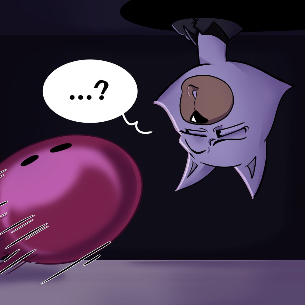The Cat’s head pops out the Portable Hole’s other end, hanging upside-down with a confused stare. She finds herself in a dark space with a waxy floor. From the bottom left of the frame, a purple-pink bowling ball is speeding towards her face.