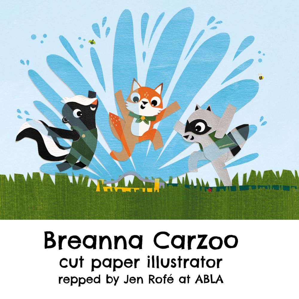 Illustration of 3 animal friends playing in a sprinkler. Made with cut paper by Breanna Carzoo. 