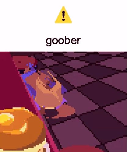 a pixel art of a cowboy with a warning sign above him that says goober