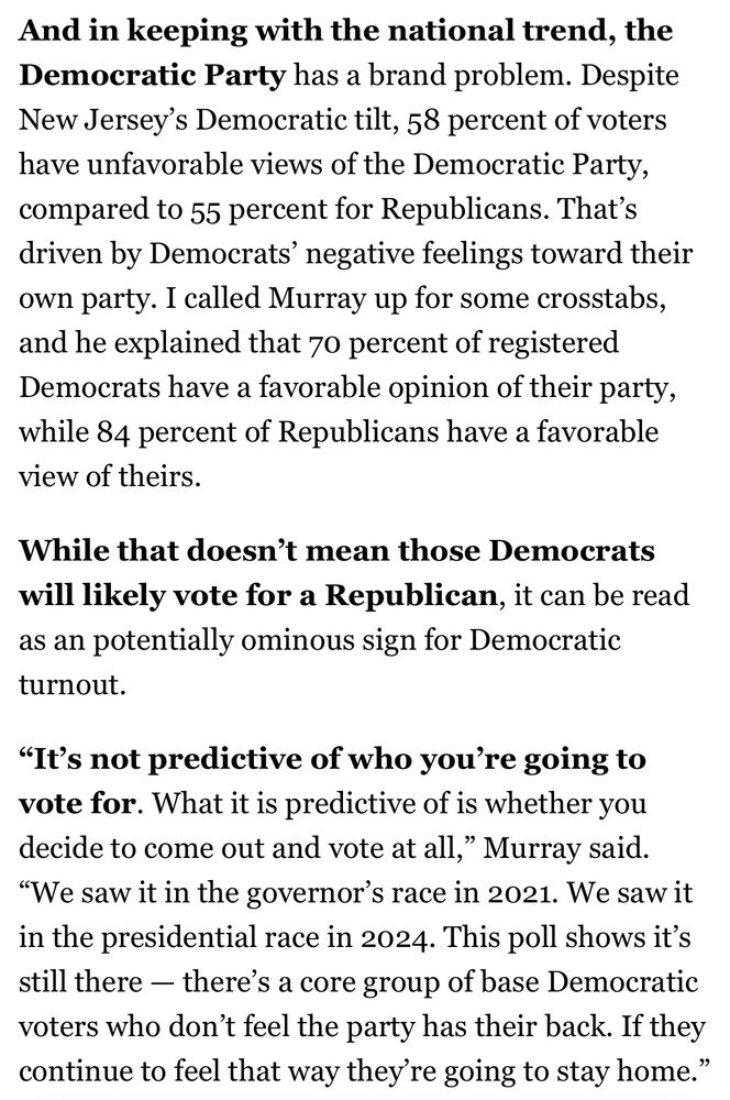 And in keeping with the national trend, the Democratic Party has a brand problem. Despite New Jersey's Democratic tilt, 58 percent of voters have unfavorable views of the Democratic Party, compared to 55 percent for Republicans. That' driven by Democrats' negative feelings toward their own party. I called Murray up for some crosstabs, and he explained that 70 percent of registered Democrats have a favorable opinion of their party, while 84 percent of Republicans have a favorable view of theirs.
While that doesn't mean those Democrats will likely vote for a Republican, it can be read as an potentially ominous sign for Democratic turnout.
"It's not predictive of who you're going to vote for. What it is predictive of is whether you decide to come out and vote at all," Murray said.
"We saw it in the governor's race in 2021. We saw it in the presidential race in 2024. This poll shows it's still there - there's a core group of base Democratic voters who don't feel the party has their back. If they continue to feel that way they're going to stay home."