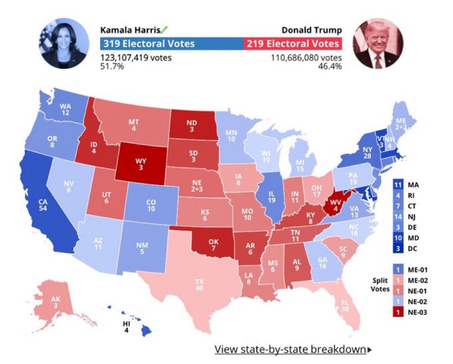 An EC map showing the results if turnout had been 100% in the 2024 Presidential election. Top line: Kamala Harris 319 electors Trump 219 electors. Harris 123,107,419 votes Trump 110,686,080 votes