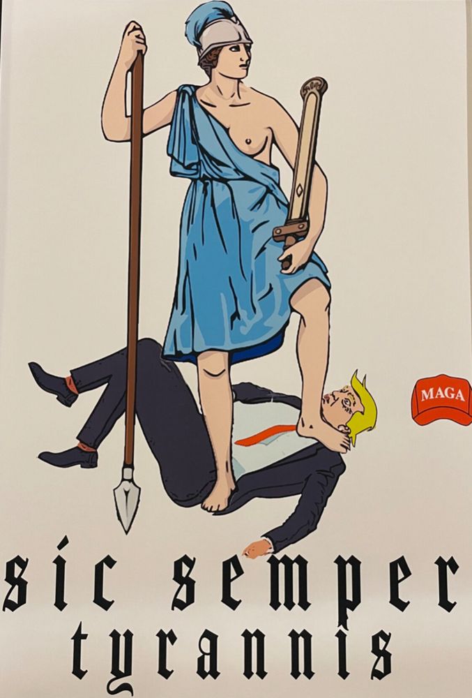 The Roman goddess Virtuos standing victorious over a defeated wannabe king with a red hat on the ground rather than a gold crown over the Virginia motto sic semper tyrannis 