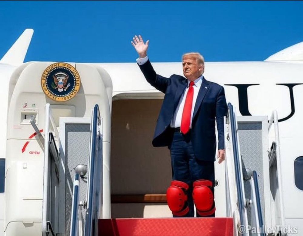 Trump on a plane ramp wearing knee pads.