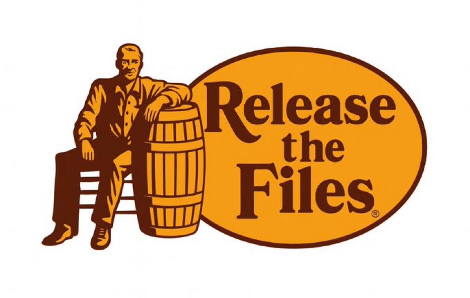 A rendering of the old Cracker Barrel logo that say Release the File rather than Cracker Barrel.