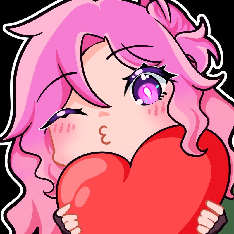 Pink-haired Sly winks, makes a kiss face, and is holding a heart for you!