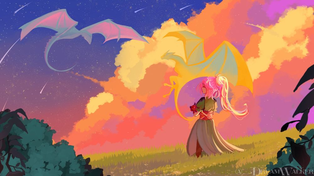 Sly is holding Emby, the small dragon, in her arms and looking up into the sky. It's clearly evening because overhead, you can see the stars, and the clouds are a mix of yellow, orange, and purple. Above are two dragons, one yellow and one blue, who seem to be playing, as Sly herself is unconcerned with their behavior. There must be a slight breeze because Sly's ponytail, clothes, and even the grass seem to sway slightly. In the right-hand corner is a watermark from the artist DreamWalker- going by Daydreamer Kafi on socials.
