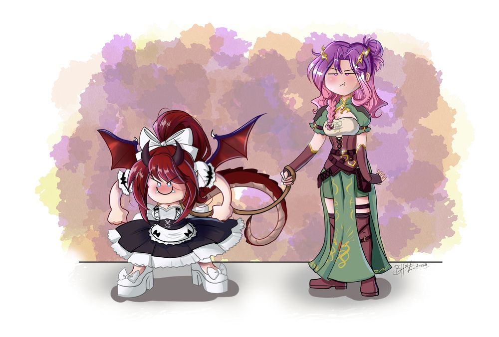 A meme piece of artwork depicting Sly holding a leash with Ember attached to it. Sly's face is both pouting and absolutely done with their shit. Ember is in Gremlin mode, feet wide apart, and face red as he contemplates all the evil dragon things he could do if he weren't tied up. Sly has pink hair and a green and brown outfit with long boots for dragon riding. While Ember has red hair tied back with a white bow and is sporting a maid dress with white shoes that give him at least two inches. Art piece commissioned from BHive.