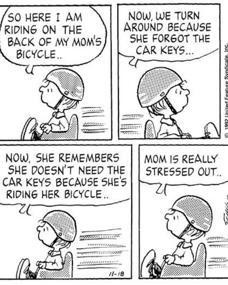 A black and white four-panel comic from the Peanuts: the comic features Rerun van Pelt in all 4 panels, seated in a bike seat, presumably on the back of a adult bike (not pictured). Rerun is wearing a helmet. There is a speech bubble, spoken by Rerun in each panel. 
1. "So here I am riding on the back of my mom's bicycle..."
2. "Now we turn around because she forgot the car keys..."
3. "Now she remembers she doesn't need the car keys because she's riding her bicycle..."
4. "Mom is really stressed out..."