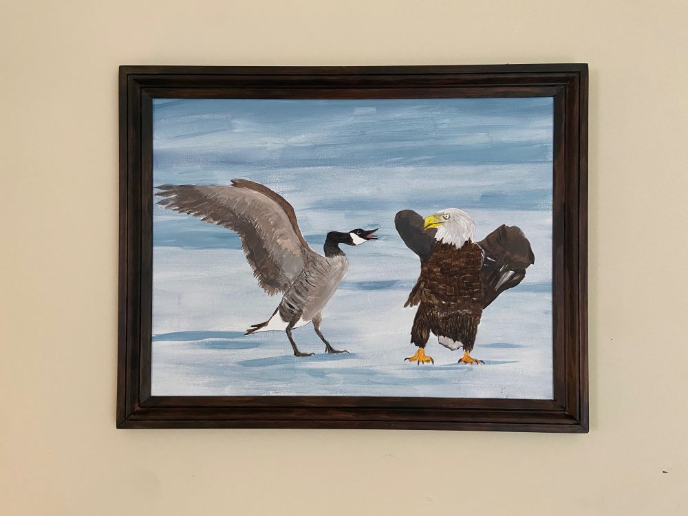 Painting of defiant canard goose in standoff with bald Eagle on the ice