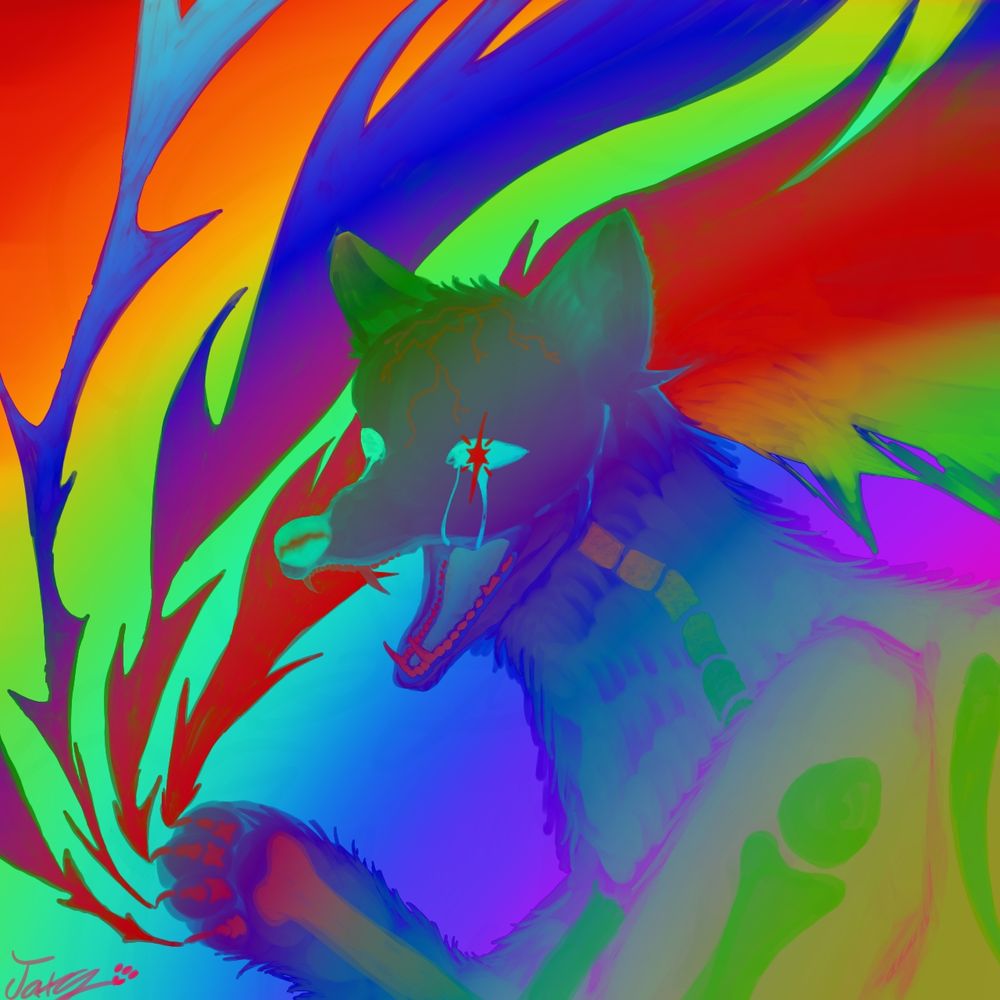 Multicolored wolf clawing out the page