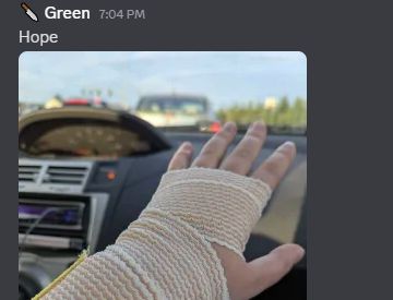 A screenshot containing a photo of a hand wrapped in ace bandages with the caption, "Hope".