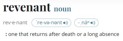 revenant   noun
rev·​e·​nant
: one that returns after death or a long absence