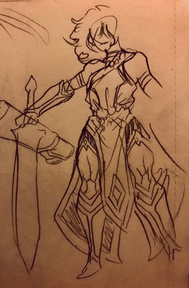 sketches of elf OC Jaya - Full body and holding a sword