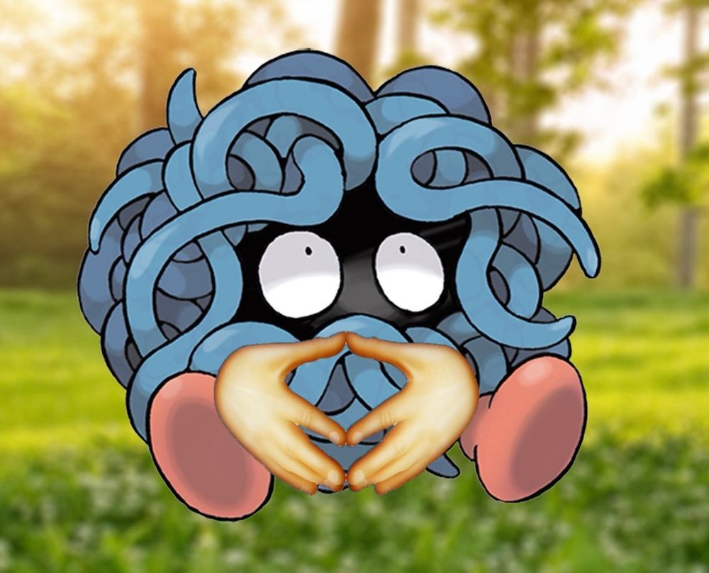 das pokemon tangela mit der bekannten merkel hand geste (hände berühren sich auf hüfthohe vorne an Daumen Zeigefinger und Mittelfinger)