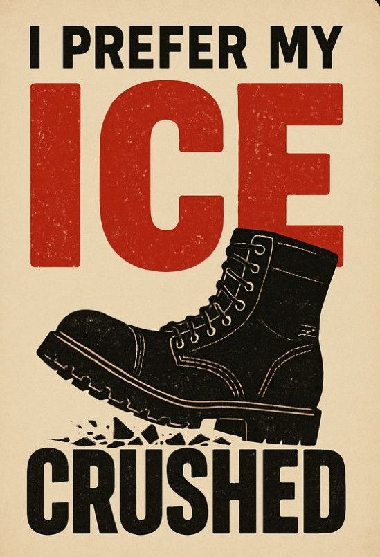 The text 'I prefer my ICE crushed' appears along with the image of a heavy black boot stepping on crushed ice.