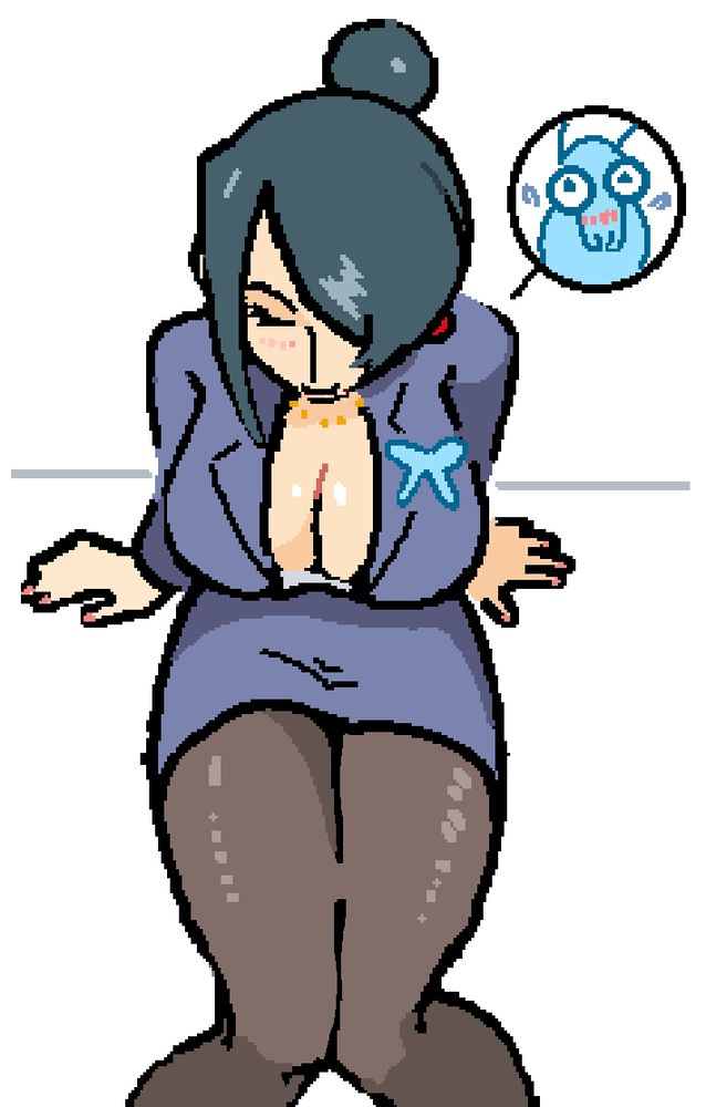 An overhead view of Takizawa-san. A blue butterfly decorates her chest area. 