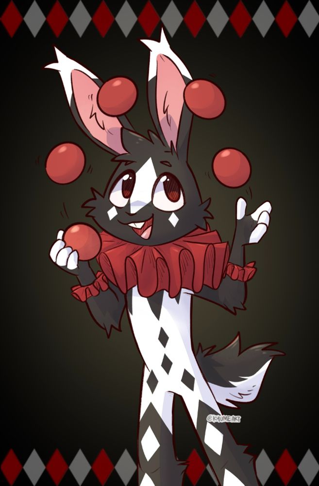 Art fight illustration of a jester rabbit juggling.