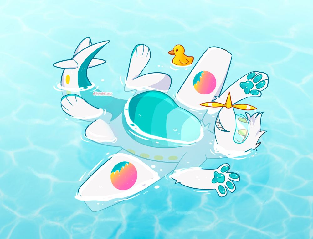Art fight illustration of a sea plane dragon OC floating in a pool.