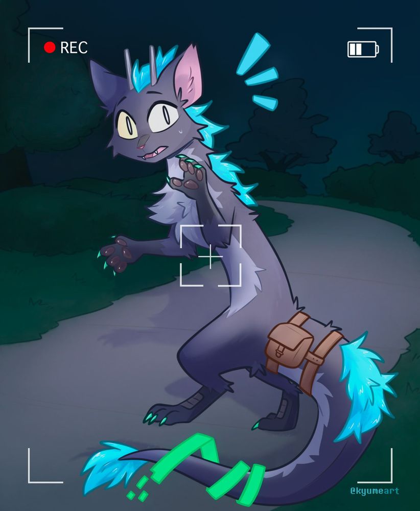 Commission illustration of an OC with a recording overlay, evoking the feeling of a creature caught on film.