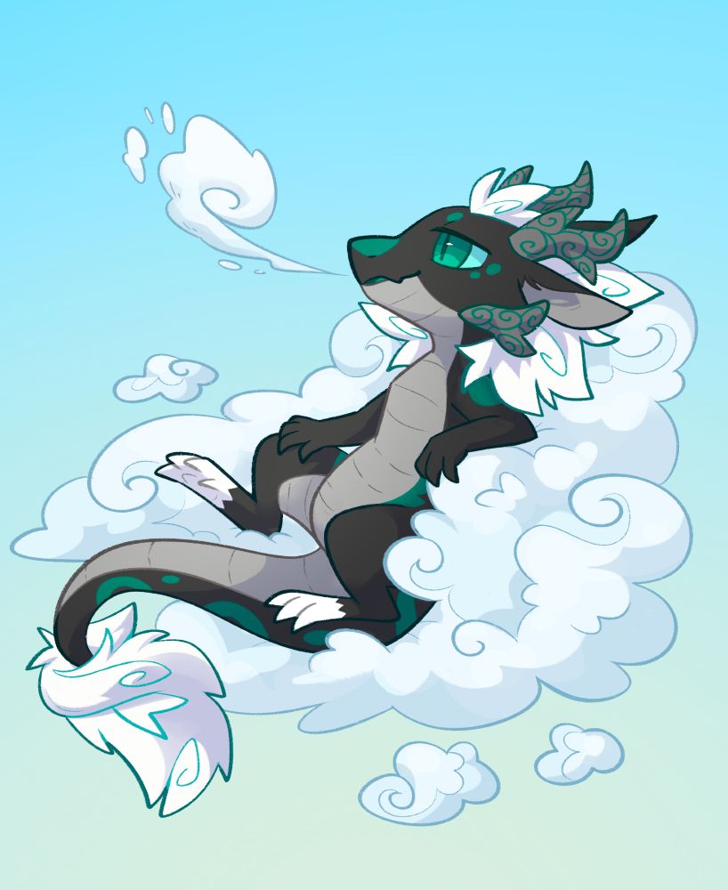 Chibi illustration of a noodle OC on a cloud making clouds.