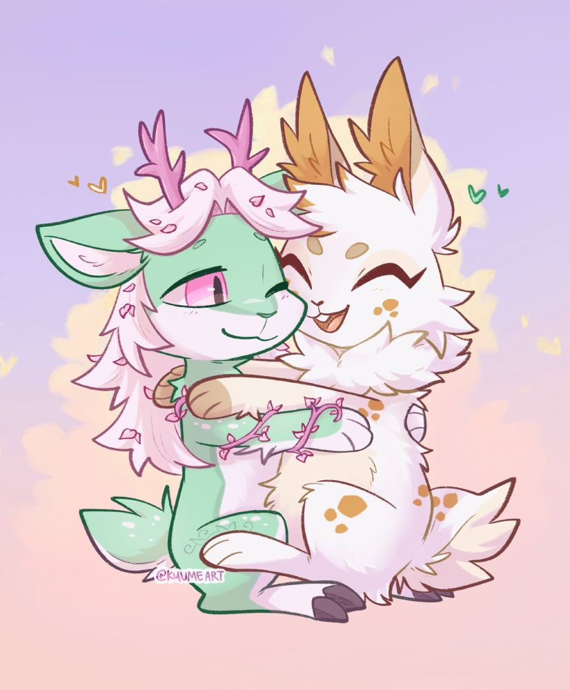 Commission illustration of two OCs hugging, drawn in chibi style.