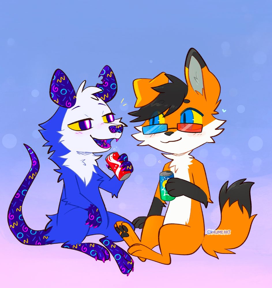 Chibi illustration of a possum and fox OC hanging out.