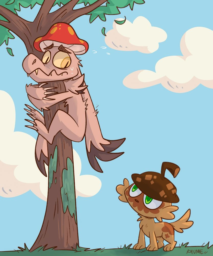 Art fight illustration of two OCs- one is on the tree, scared of the other.