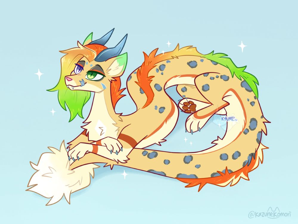 Illustration of a furry OC as a noodle dragon. Fluffy dragon commission for Enreeu