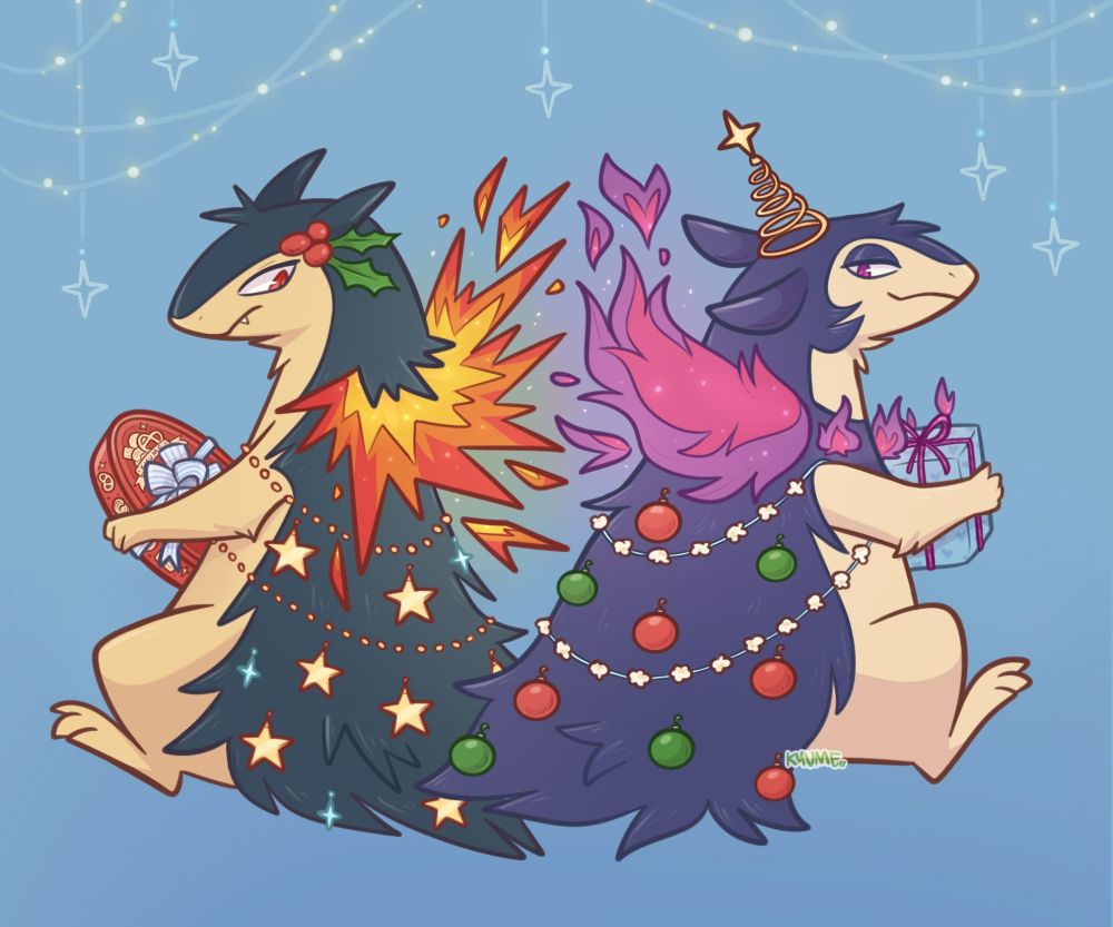 Illustration of a typhlosion and hisuian typhlosion that are decorated like Christmas trees, holding presents. And with flames.
