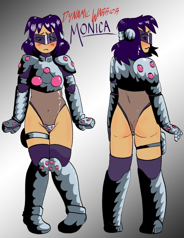 Monica, average undergrad tasked with fighting aliens with the help of power armor that harnesses the power of vibrations.
Themes: Overstimulation, public indecency, embarrassing outfits